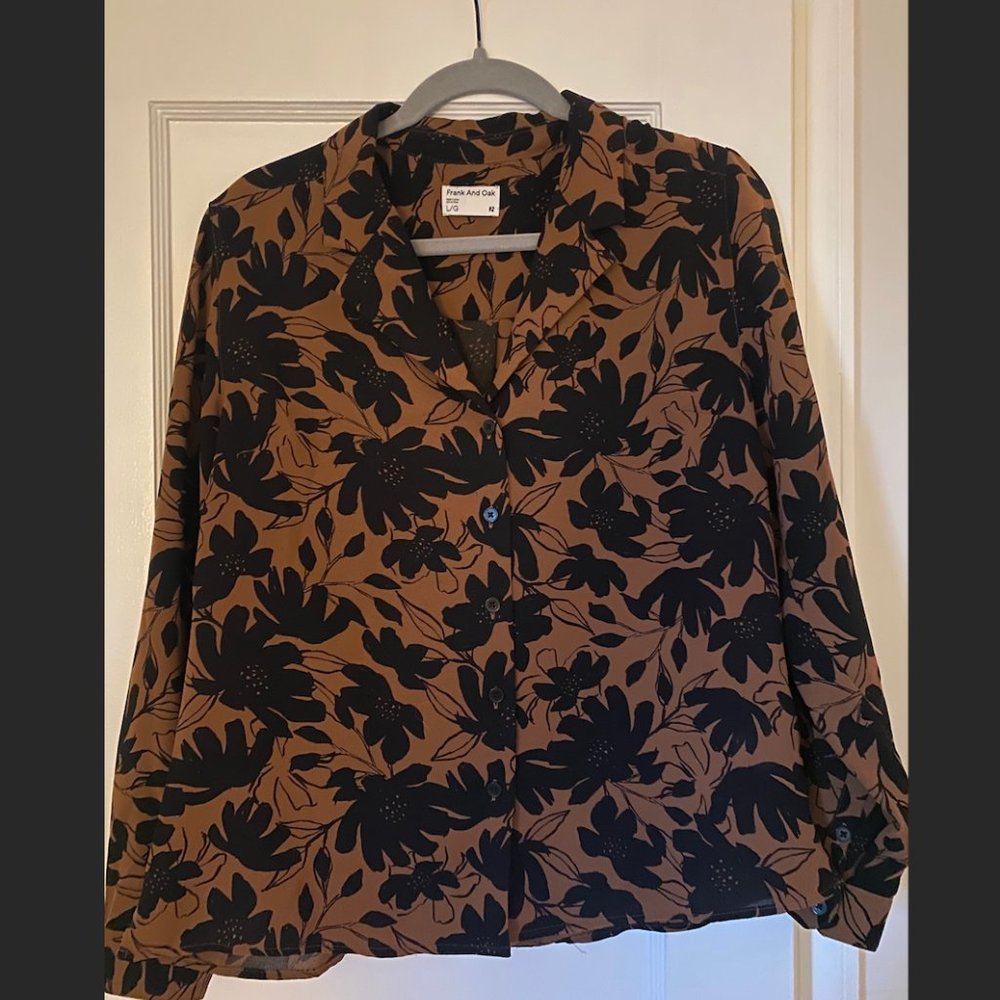 Frank & Oak button-up shirt, brown and black floral, size L